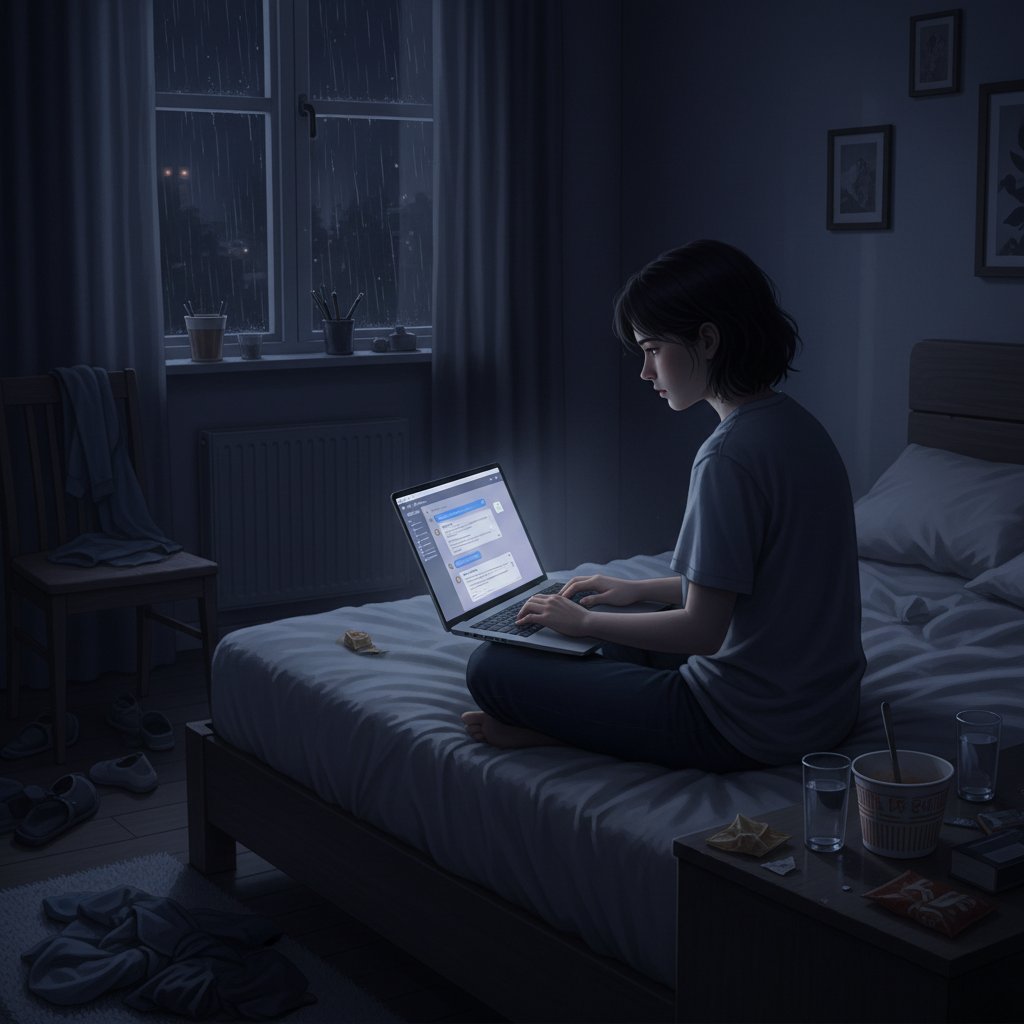 Młoda osoba siedzi samotnie przed ekranem laptopa w ciemnym pokoju, rozmowy online na ekranie, słowa kluczowe: samotność online, nowe znajomości