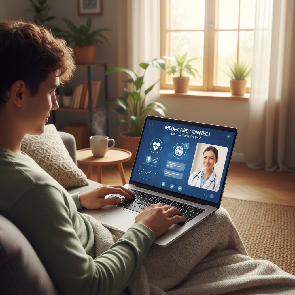 Młoda osoba z laptopem, korzystająca z aplikacji medycznej w przytulnym domu, słowa kluczowe: wsparcie online, zdrowie, medyk.ai