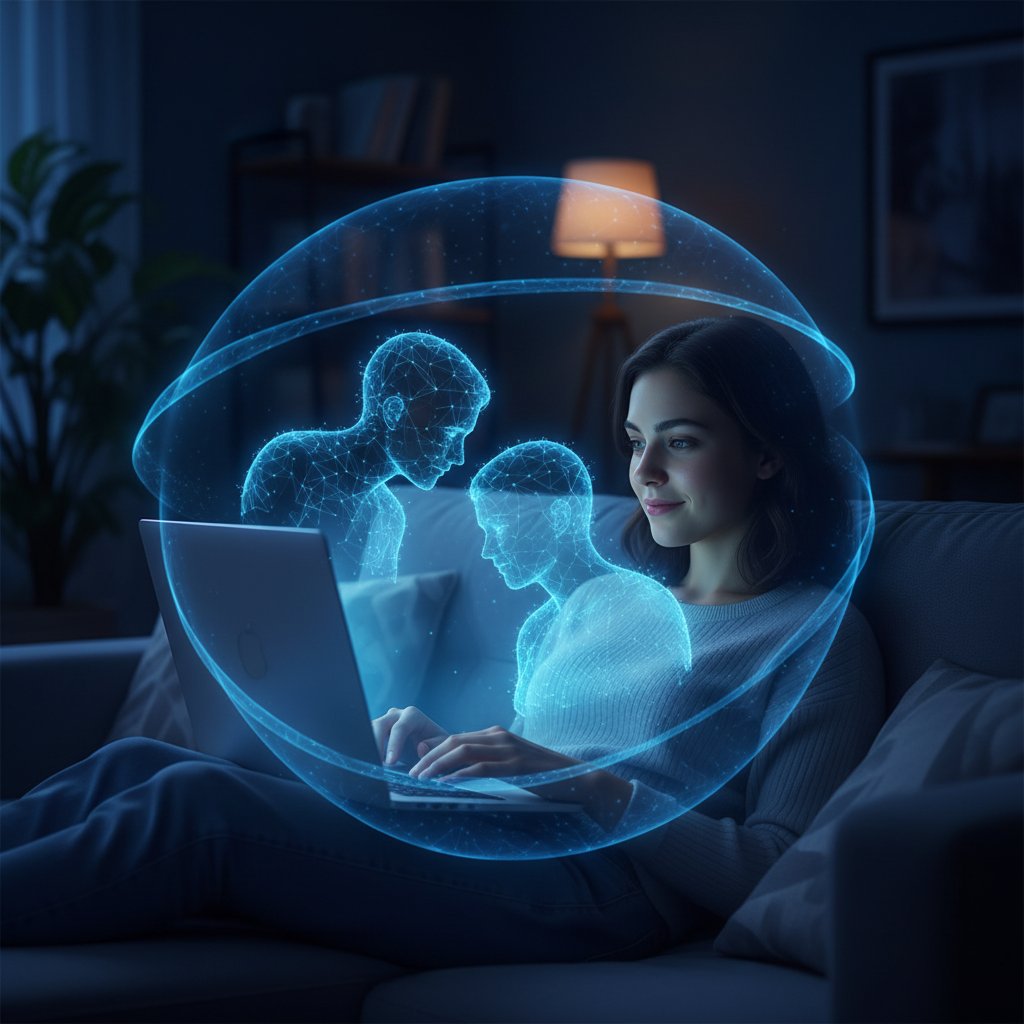 Junge Person sitzt alleine im dunklen Zimmer, Bildschirm zeigt warme Avatar-Geste – Symbolbild für digitale Nähe und Beziehung