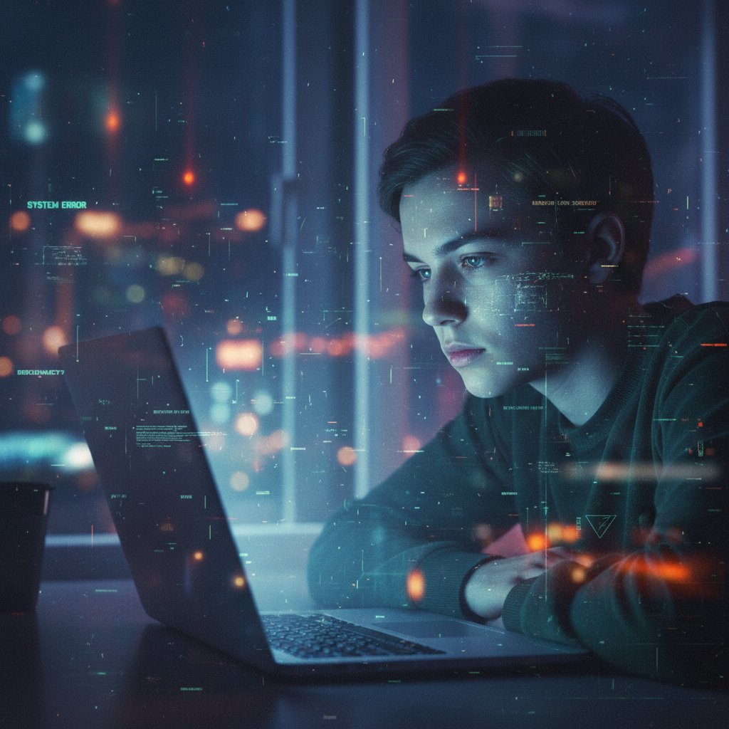 Młoda osoba wpatrzona w ekran laptopa nocą, z rozmytym tłem – wpływ technologii na derealizację