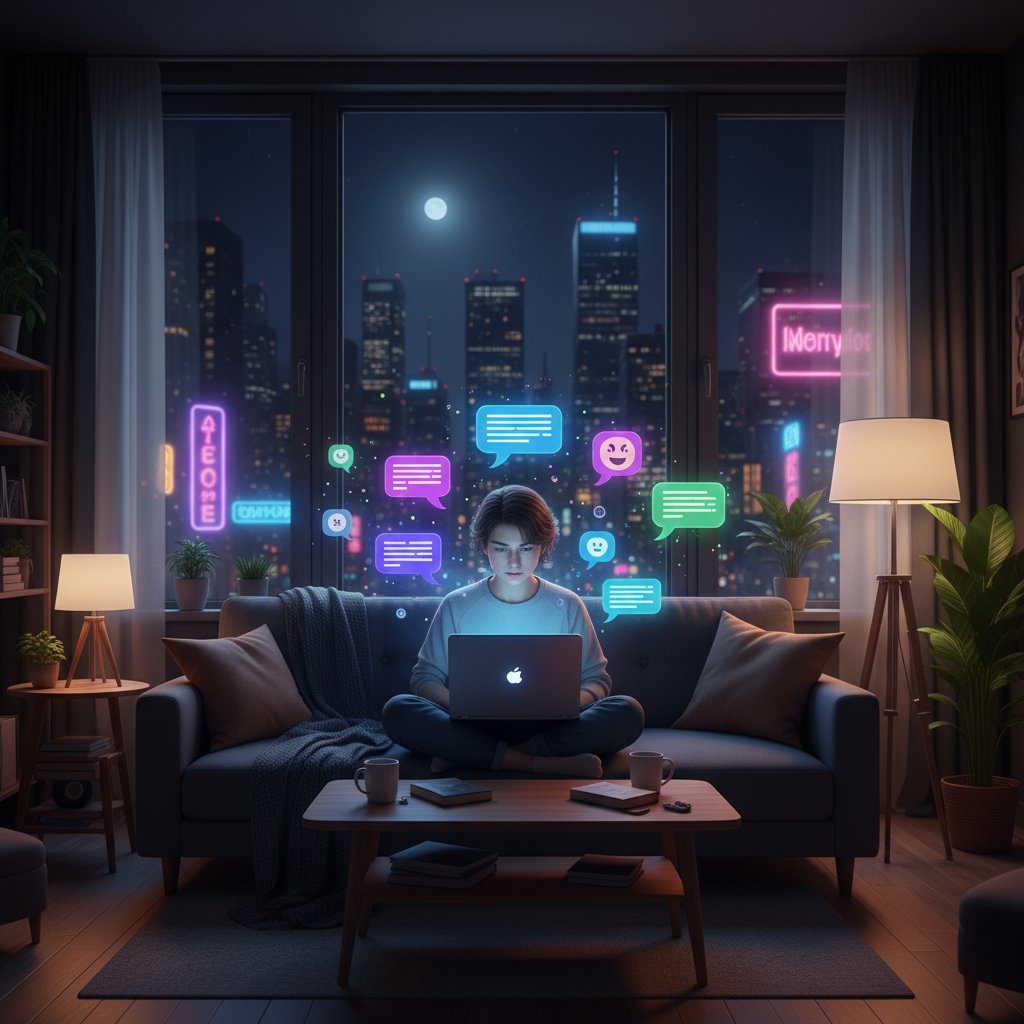 Młody człowiek rozmawiający online przez laptop w nocnym mieszkaniu – atmosfera izolacji i połączenia, cyfrowe dymki czatu