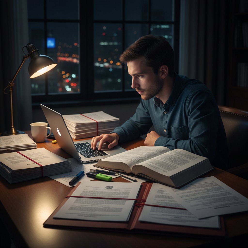 Osoba szukająca porady prawnej online przy laptopie w nocnym świetle