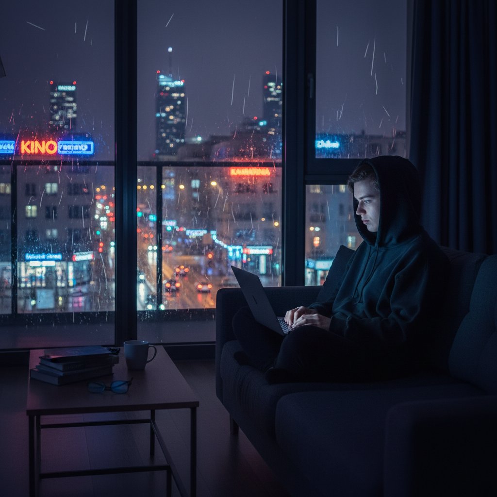 Młoda osoba przy komputerze w nocnym mieszkaniu, symbolizująca rozmowy online bez tabu