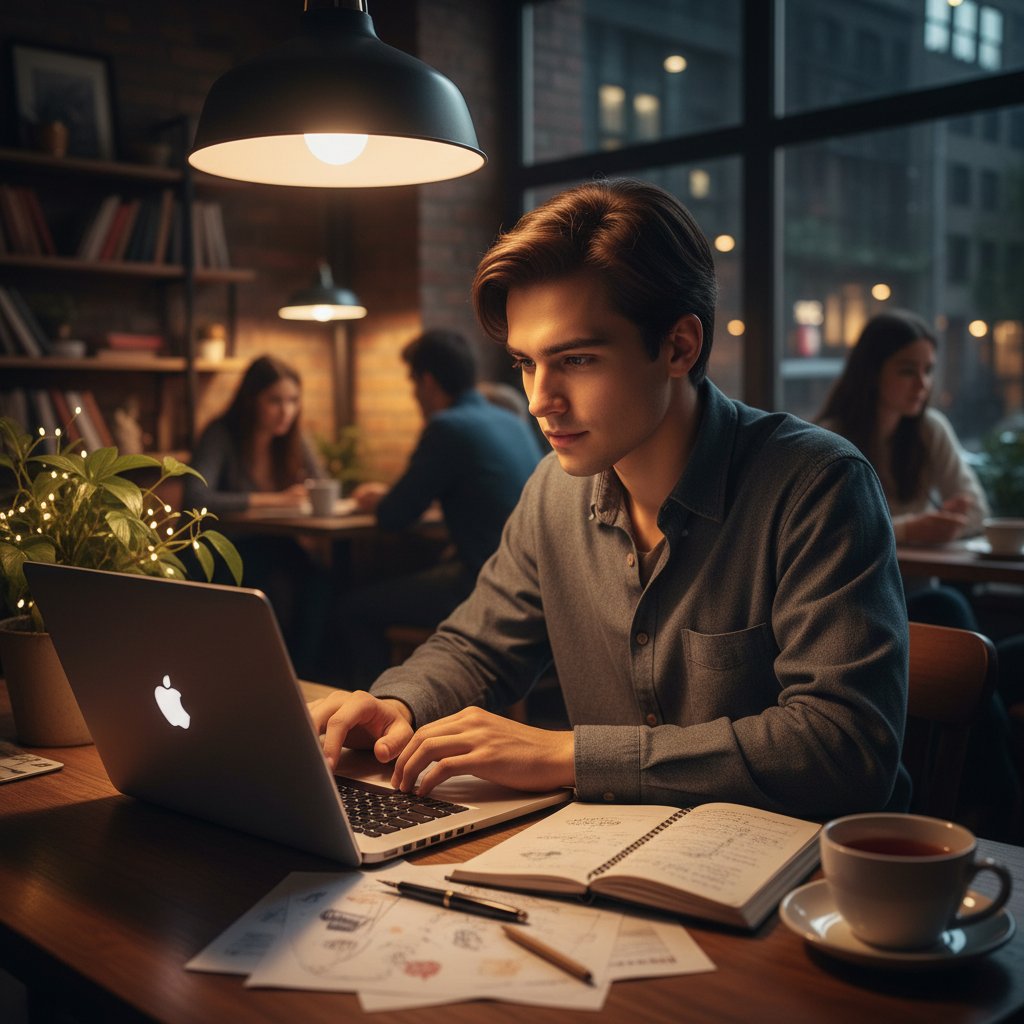 Młoda osoba pracująca z laptopem, notatki, kawiarna, noc, inspiracja