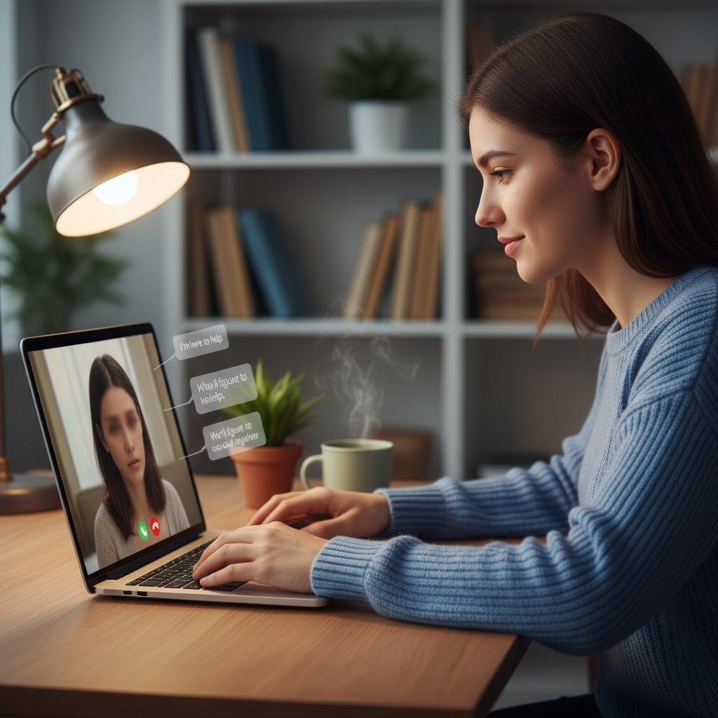 Młoda osoba siedząca przed laptopem, komunikacja online, atmosfera wsparcia i współczucia – ilustracja wsparcia internetowego