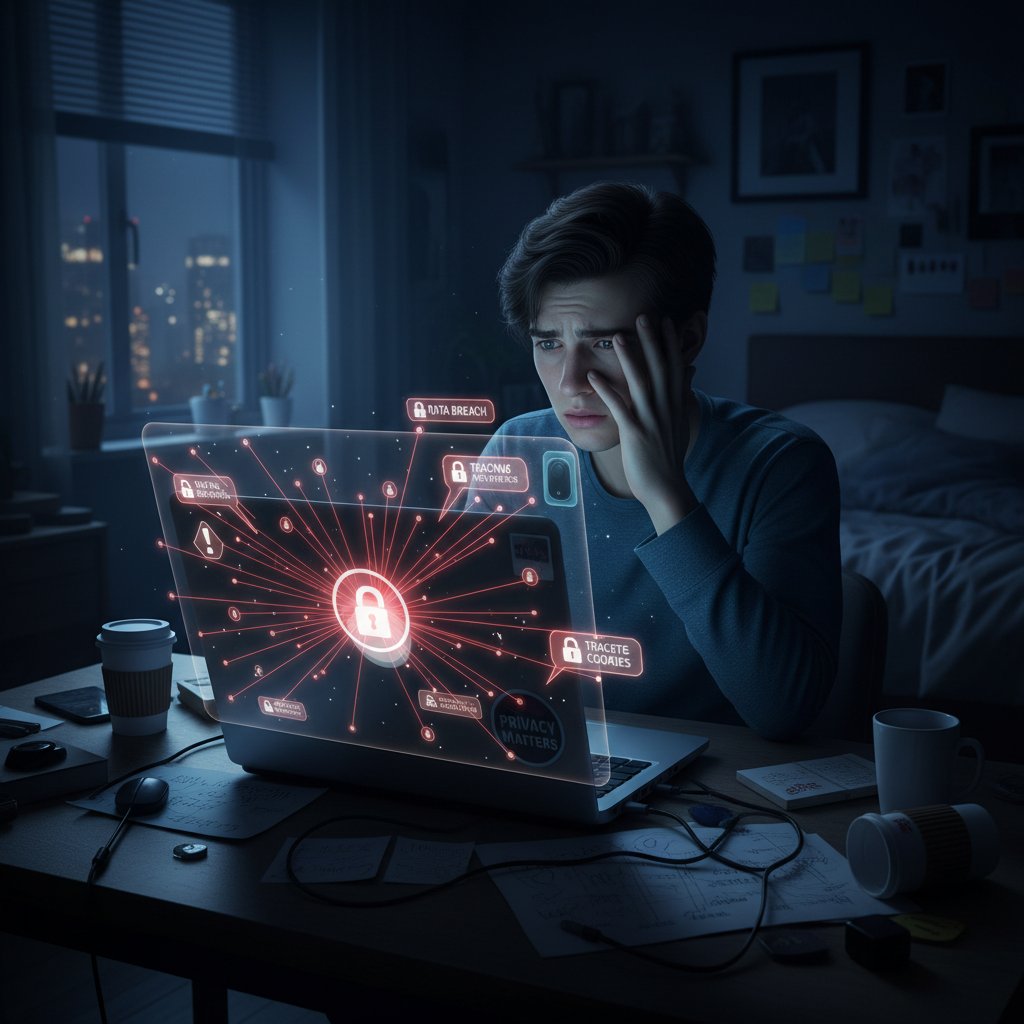 Młoda osoba patrząca niepewnie na ekran laptopa, symbolizująca zagrożenia związane z prywatnością online