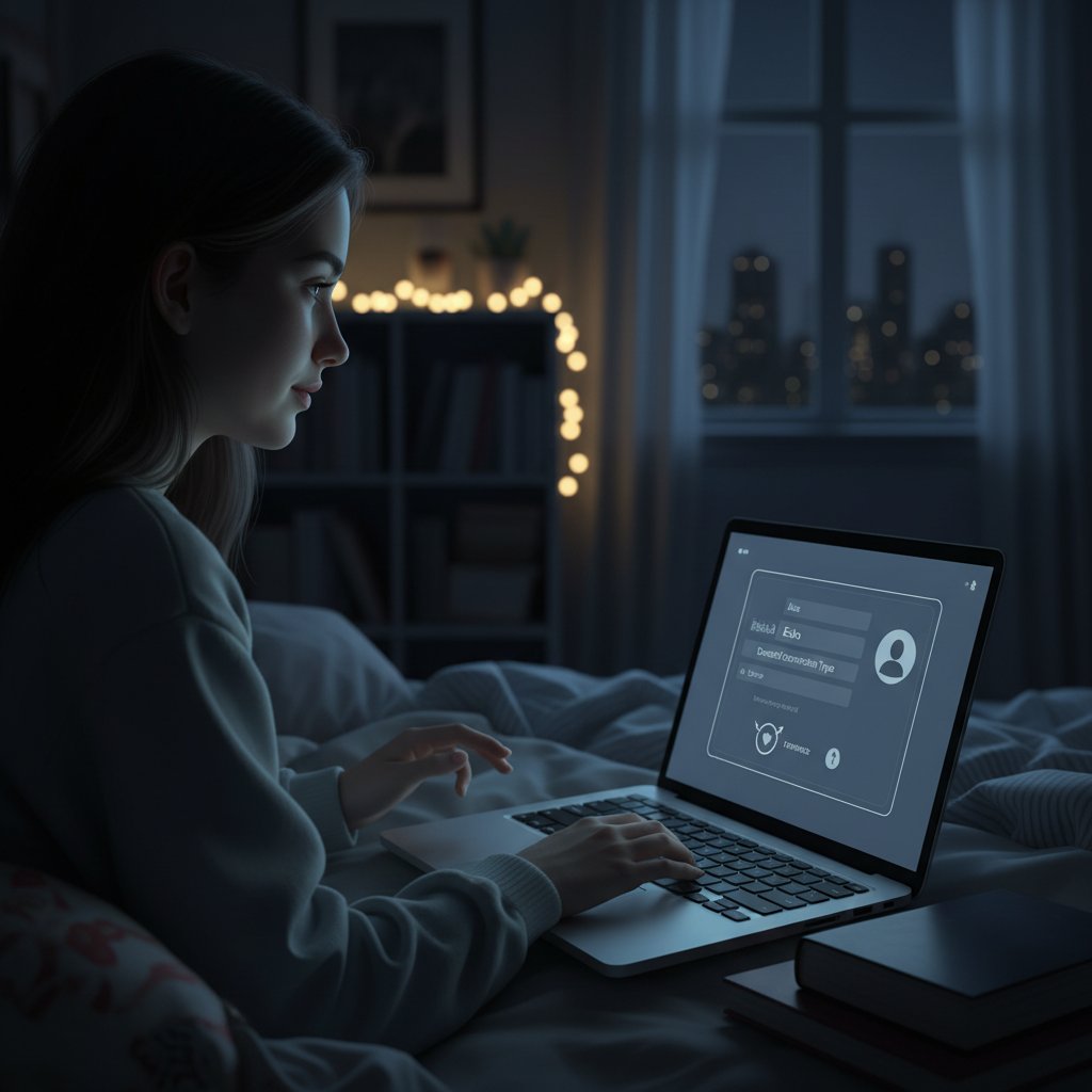 Junge Person erstellt anonymes Profil auf Laptop, symbolisiert Einstieg in digitale Romanzen