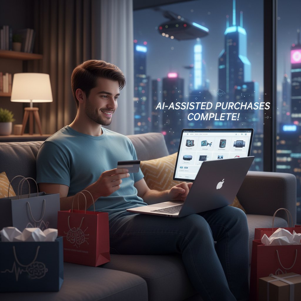 Młoda osoba patrzy z zadowoleniem na ekran laptopa po udanych zakupach z pomocą AI