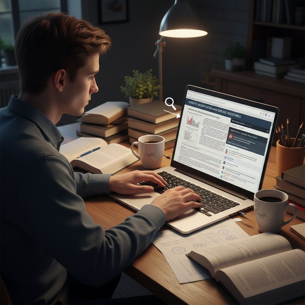 Zdjęcie młodej osoby korzystającej z laptopa, na ekranie otwarte strony z naukowymi artykułami oraz narzędziami do fact-checkingu