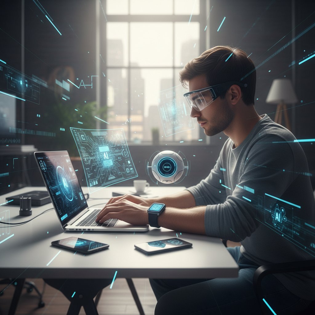 Młoda osoba korzystająca z laptopa i smartwatcha, otoczona nowoczesnymi urządzeniami AI, dynamiczne ujęcie