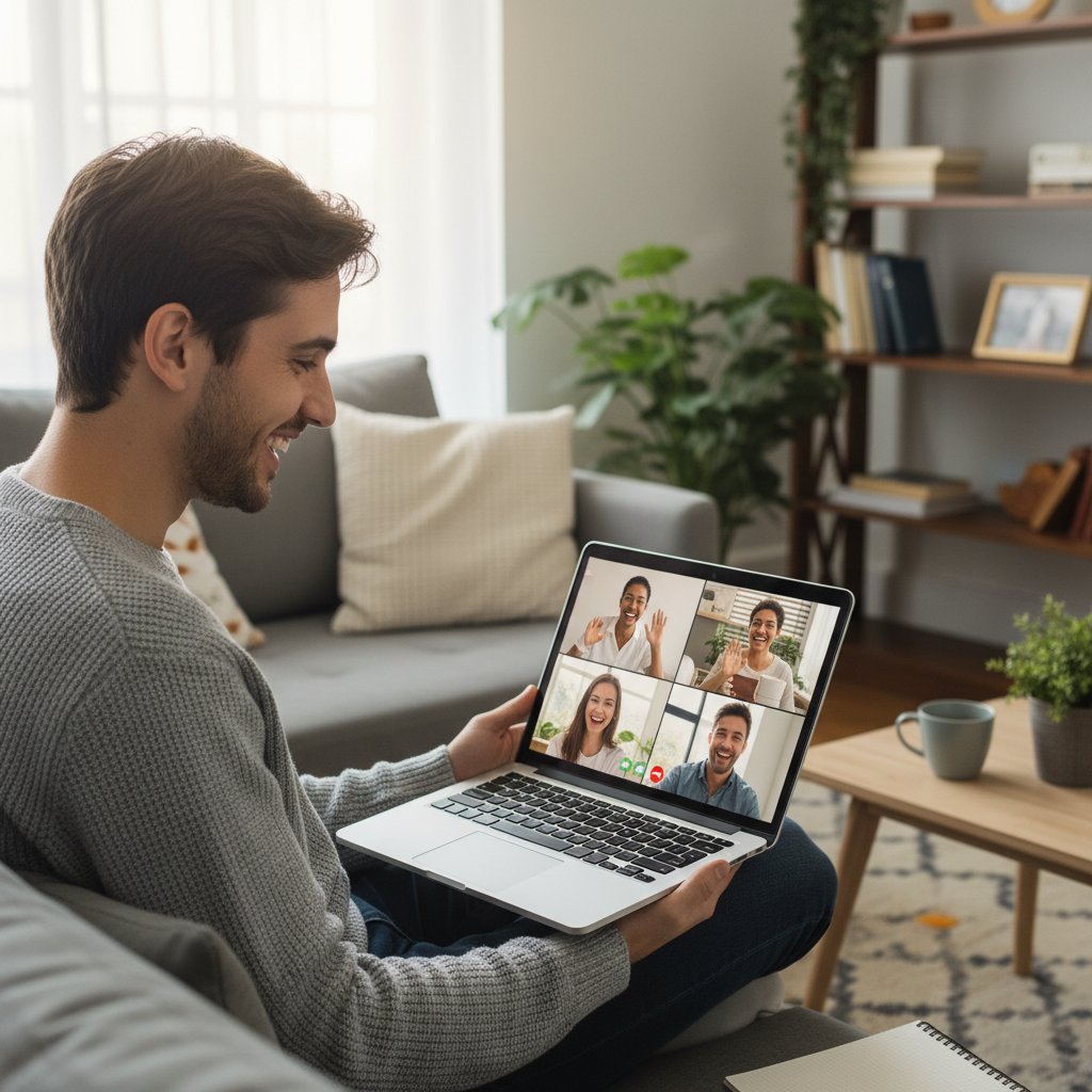 Młoda osoba z laptopem, uśmiechnięta podczas rozmowy online dla samotnych, wieczorne światło