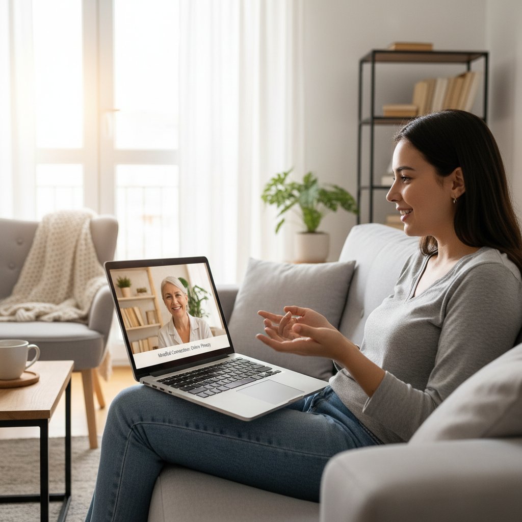 Młoda osoba łącząca się z terapeutą online, widok z ekranu laptopa
