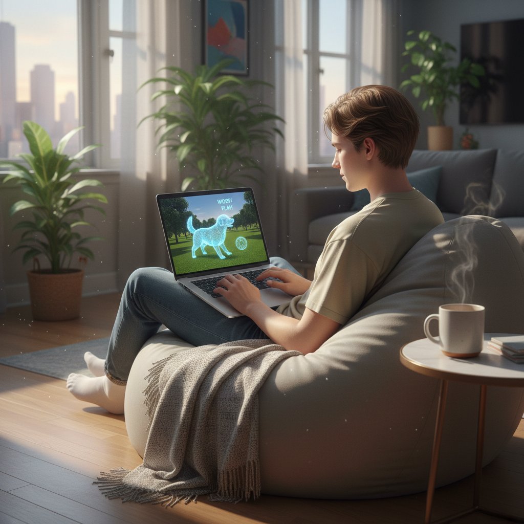 Młoda osoba samotnie siedząca w miejskim mieszkaniu z laptopem, na ekranie wirtualny pies | pies symulator leczenia samotności