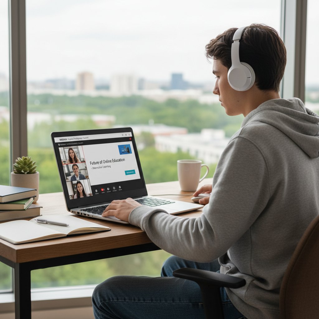 Zdjęcie młodej osoby z laptopem uczestniczącej w edukacyjnym webinarze online