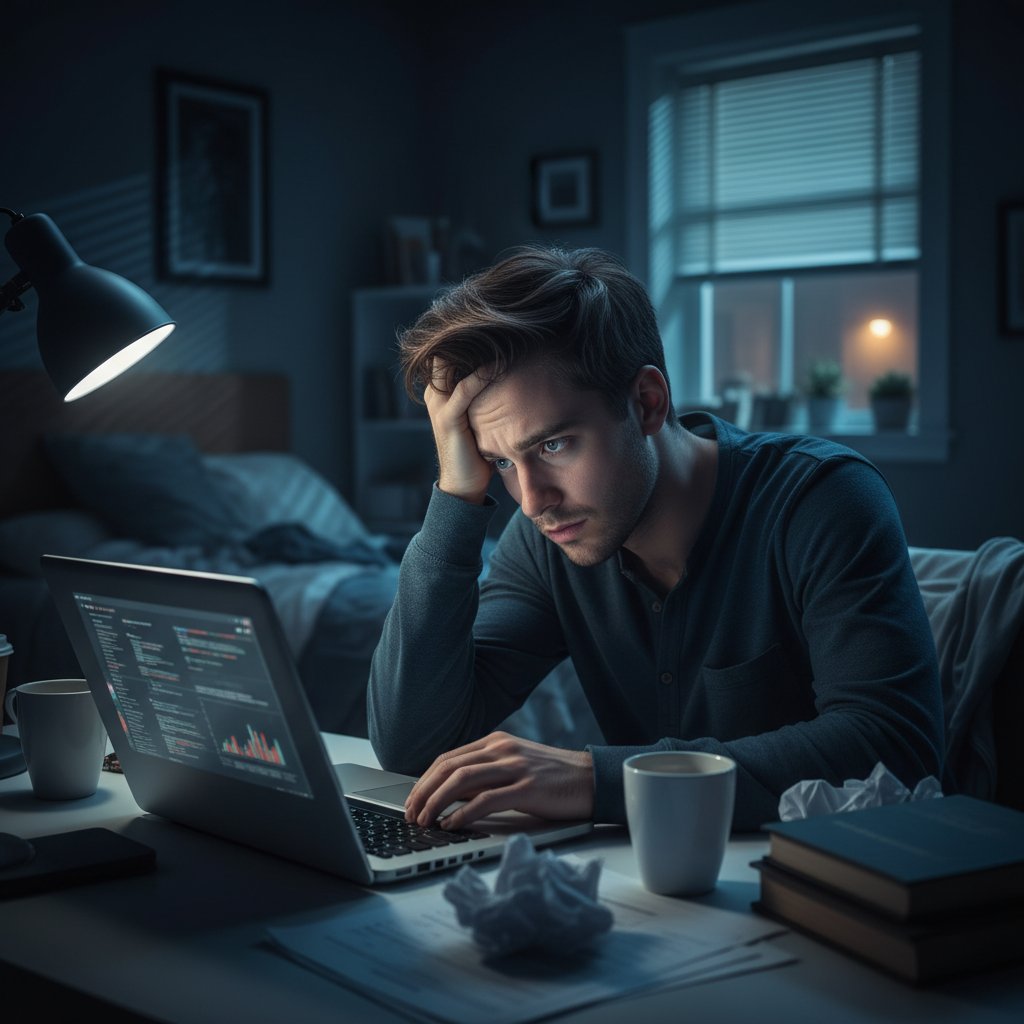 Młoda osoba z laptopem, z wyraźnym niepokojem, przegląda fora internetowe dotyczące objawów lęku