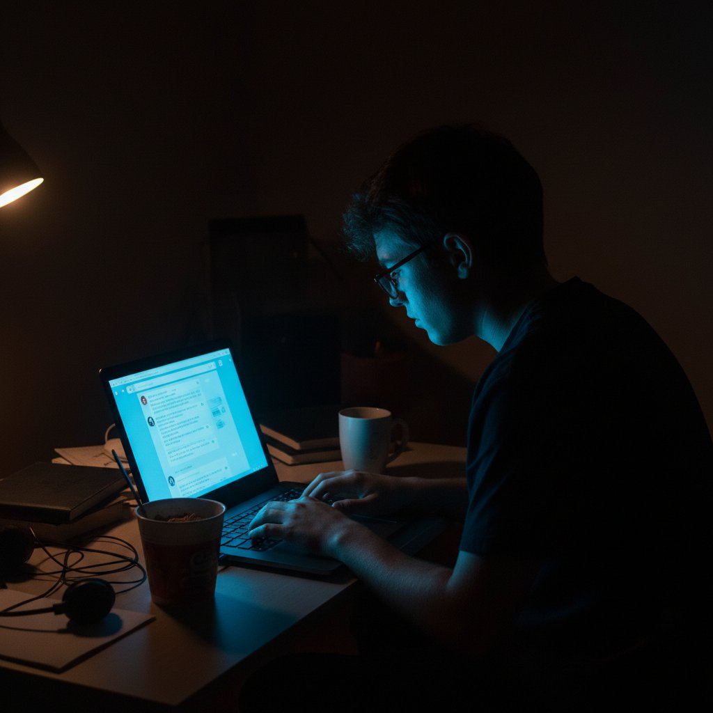 Młoda osoba rozmawiająca online późną nocą, kontrast światła laptopa z ciemnością