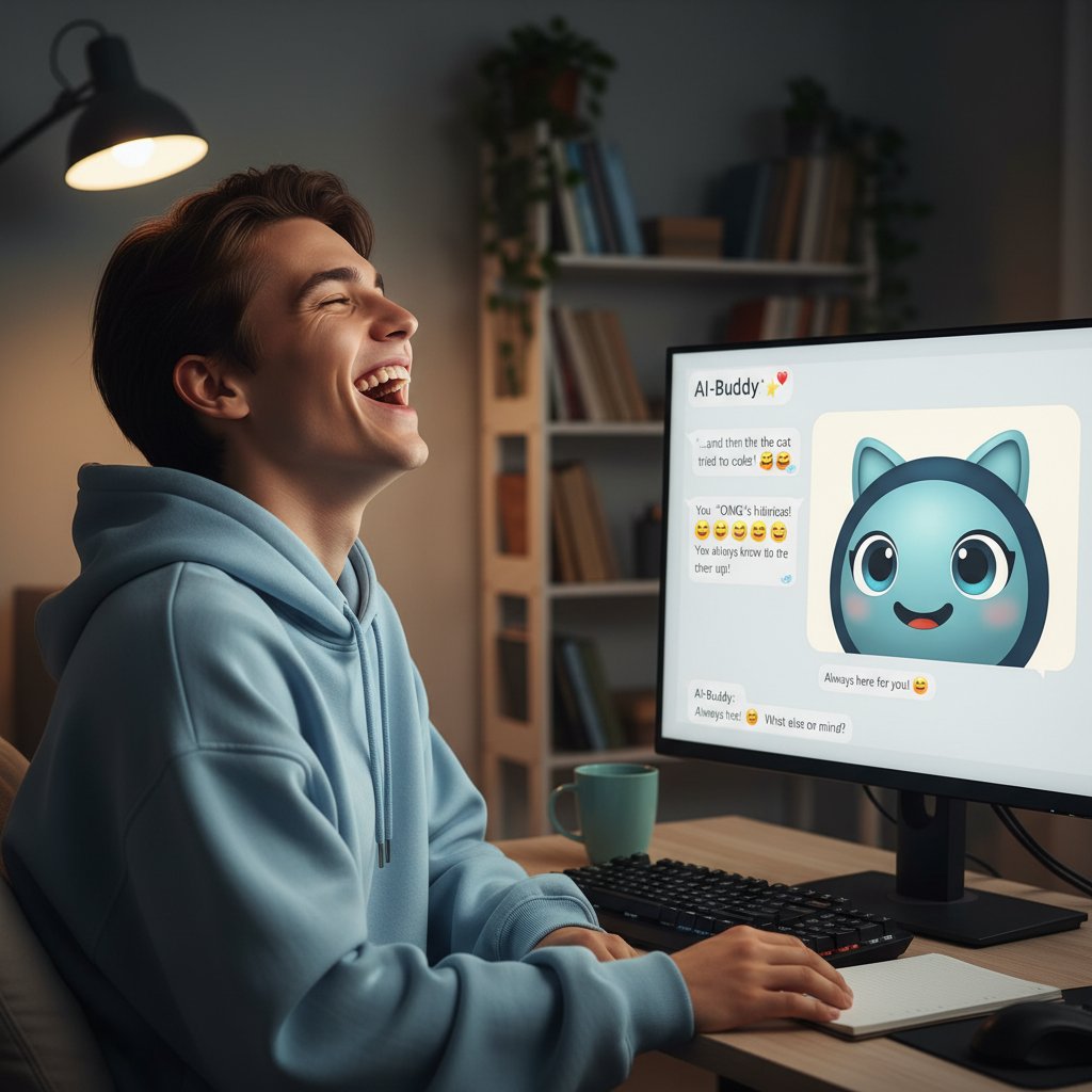 Młoda osoba śmiejąca się do ekranu komputera podczas czatu z AI companionem, atmosfera wsparcia i ulgi