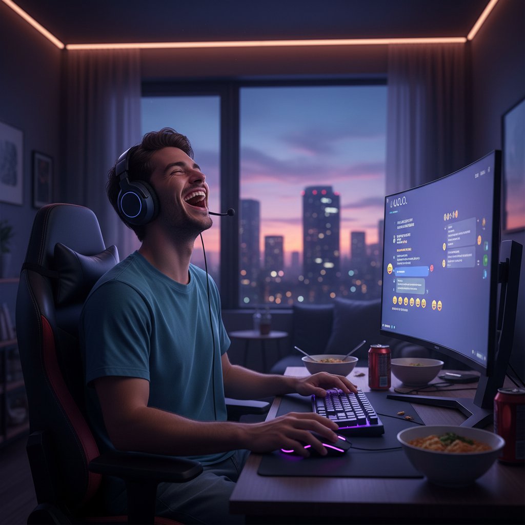 Młoda osoba śmieje się do ekranu komputera, wieczorna rozmowa online ze slangiem