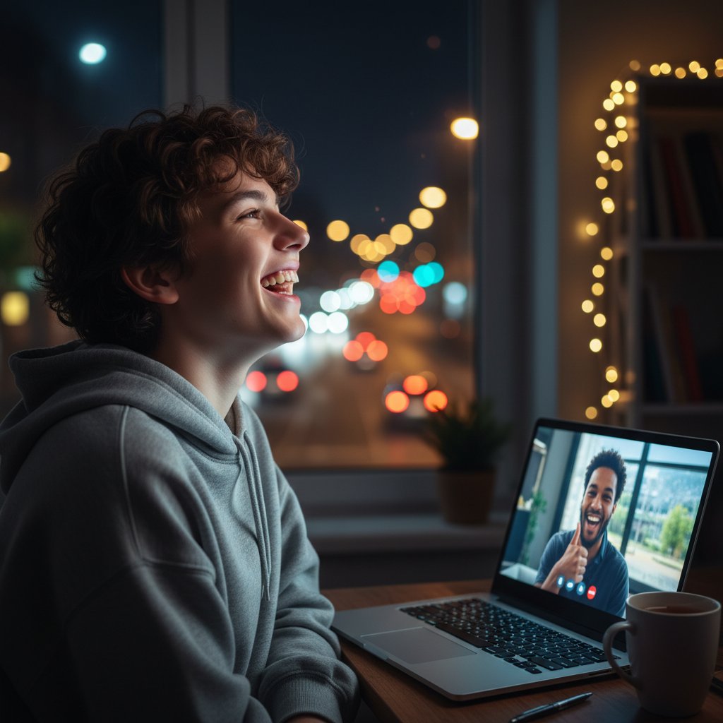 Młoda osoba śmieje się do ekranu laptopa, nocne światła, kumpel online poprawia humor