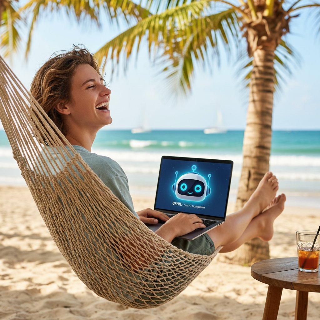 Młoda osoba śmieje się do ekranu laptopa podczas rozmowy z botem AI, pełen relaksu wyraz twarzy