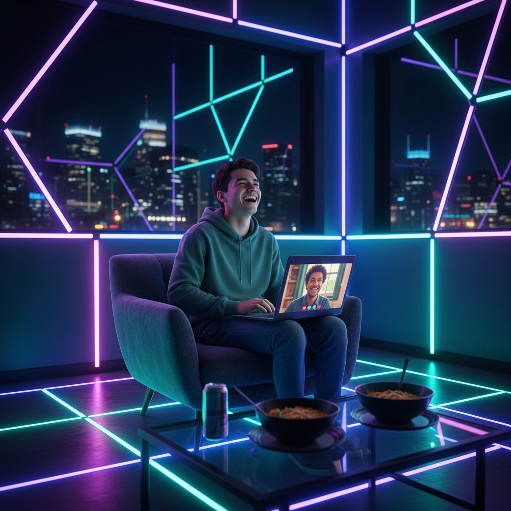 Młoda osoba w Polsce śmieje się przed laptopem w neonowym pokoju – cyfrowa rozrywka wieczorem
