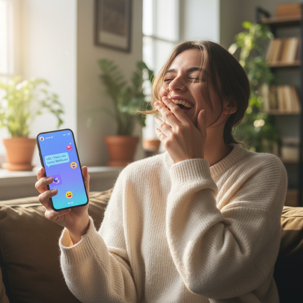 Młoda osoba śmieje się, patrząc na telefon z otwartą aplikacją ziomek.ai, wnętrze pokoju, wyraźna atmosfera luzu