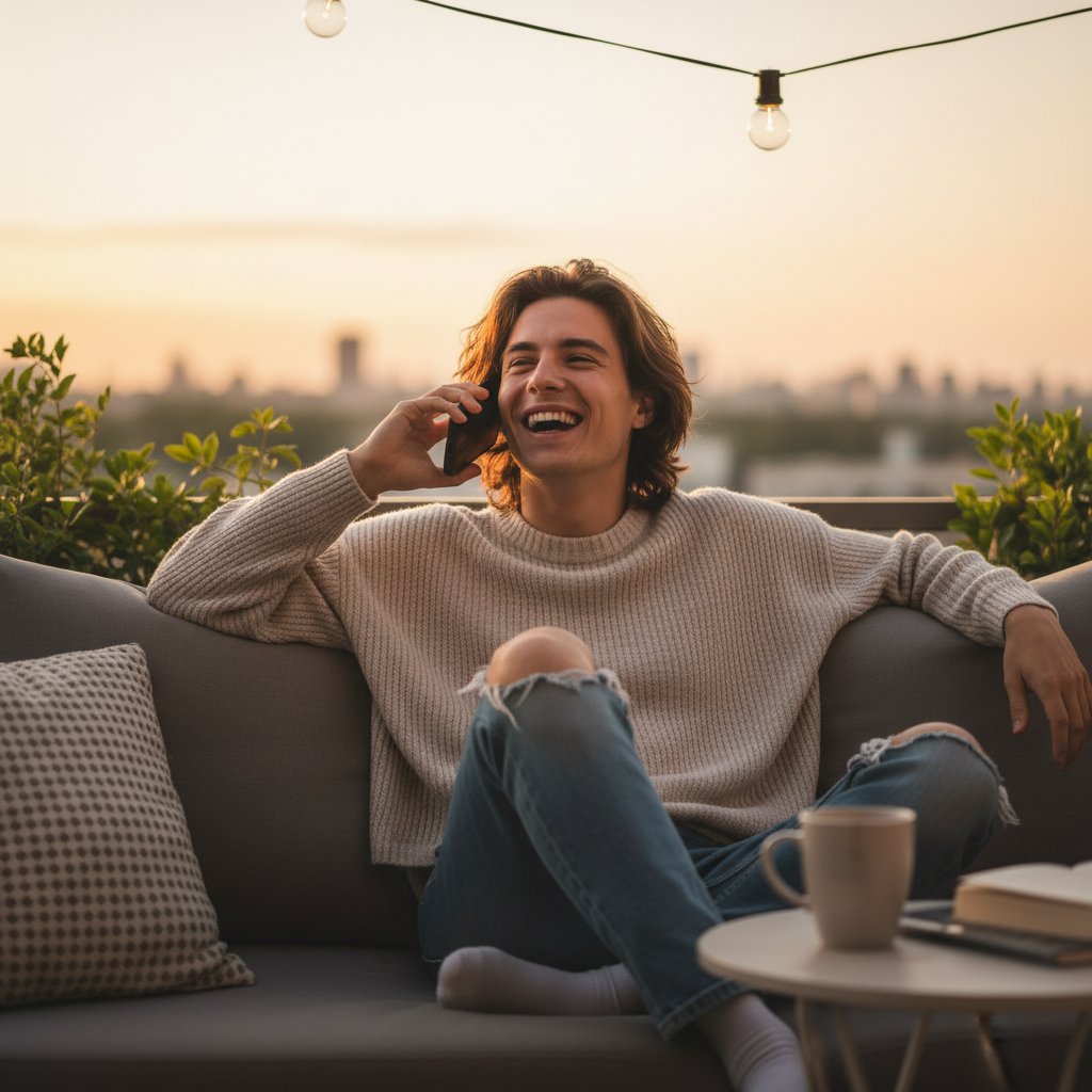 Zdjęcie młodej osoby w dresie, śmiejącej się do ekranu telefonu, wieczorne światło, klimat swobodnej rozmowy