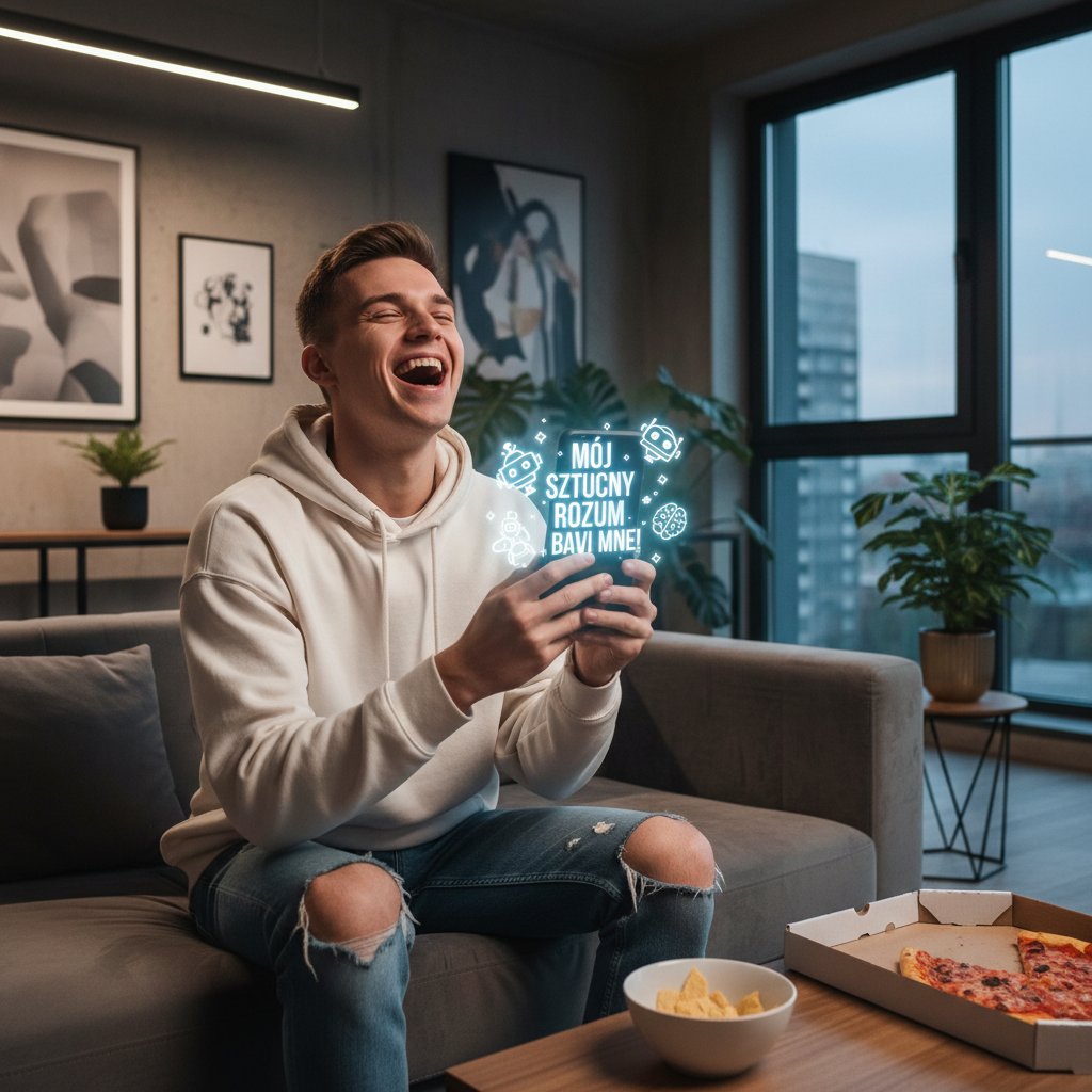 Młoda osoba śmieje się do smartfona, AI wyświetla polski slang na ekranie, nowoczesne mieszkanie
