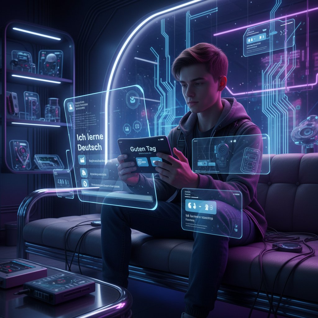 Młoda osoba korzystająca z aplikacji do nauki niemieckiego na smartfonie, neonowe światło, nowoczesna technologia