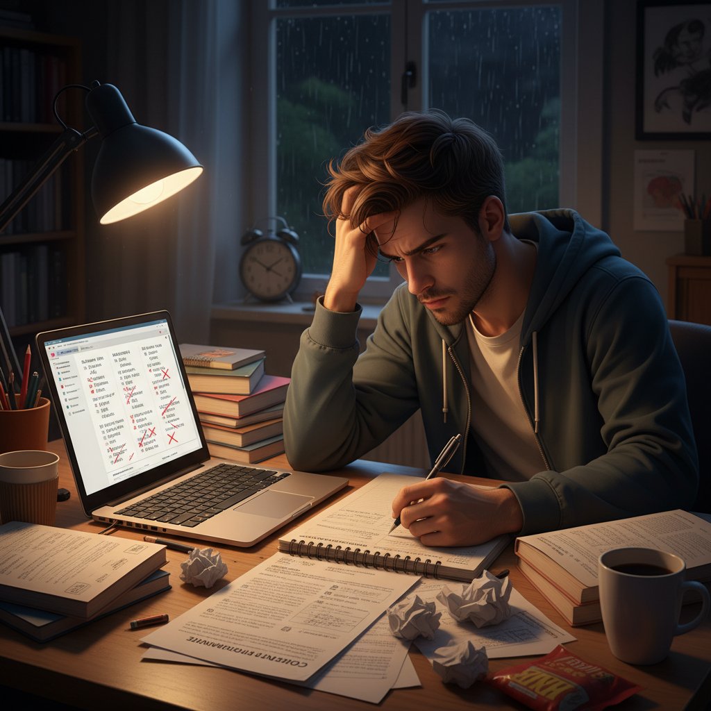 Młoda osoba ucząca się włoskiej gramatyki online, nocą, pełna frustracji i notatek