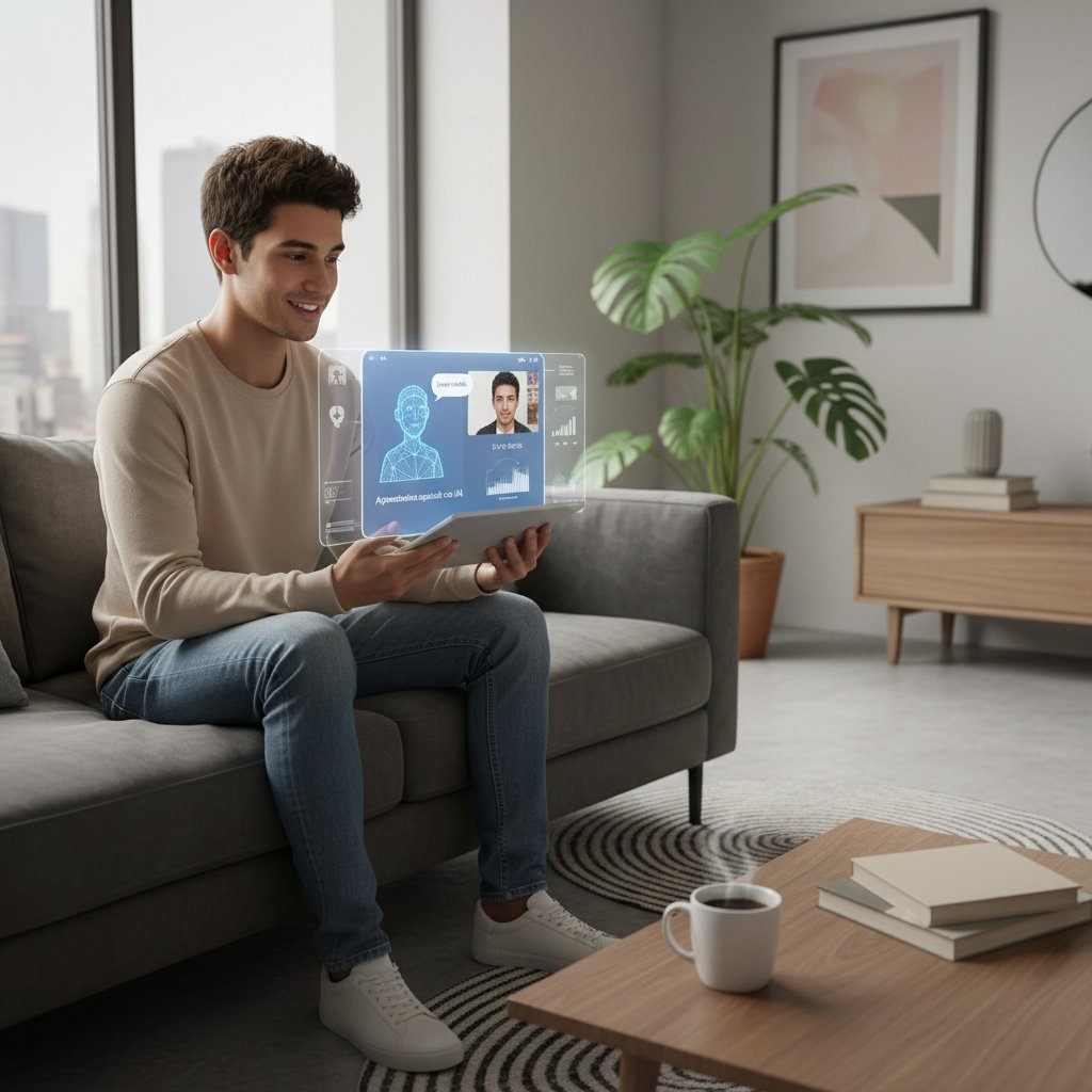 Młoda osoba uczy się hiszpańskiego przez AI na tablecie, w tle nowoczesne wnętrze