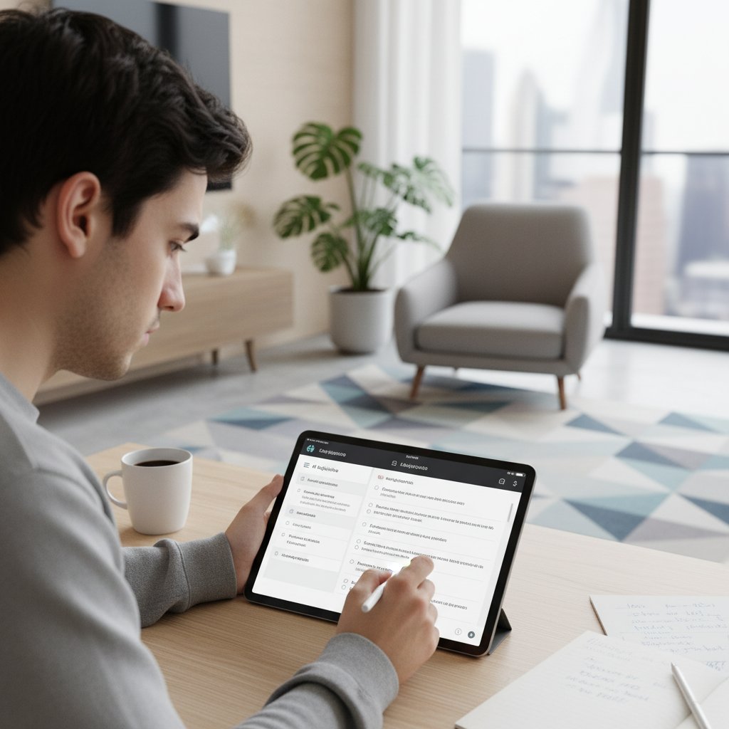 Osoba korzystająca z aplikacji do nauki hiszpańskiej gramatyki, smartfon, skupienie, nowoczesne wnętrze