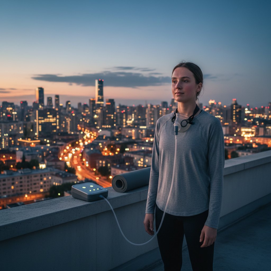 Młoda osoba patrząca w przyszłość z pewnością siebie po treningu oddechu, dynamiczne tło miasta