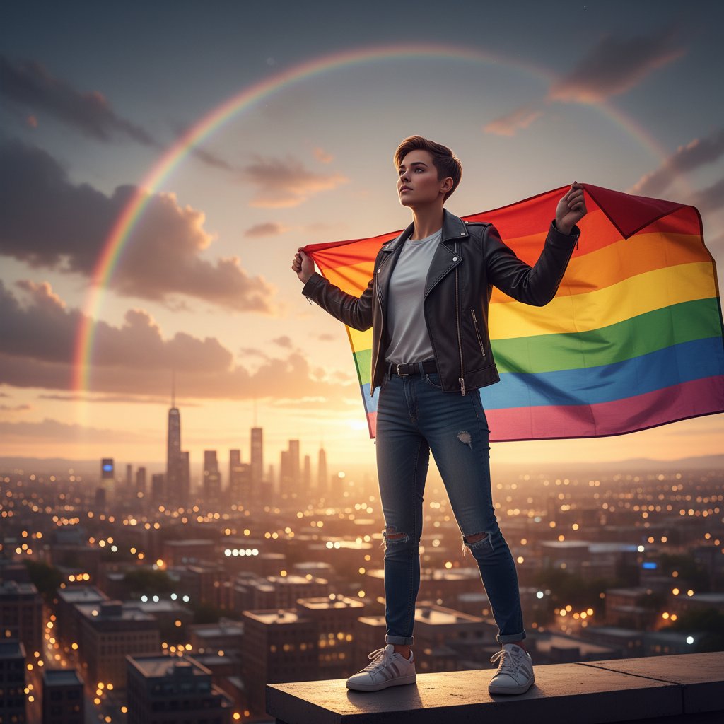 Młoda osoba patrząca w przyszłość, nadzieja i niepewność, tęczowa flaga, miasto