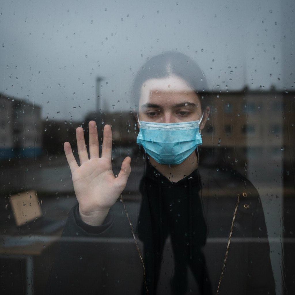 Młoda osoba patrząca przez szybę z maseczką na twarzy – ilustracja pandemii i samotności
