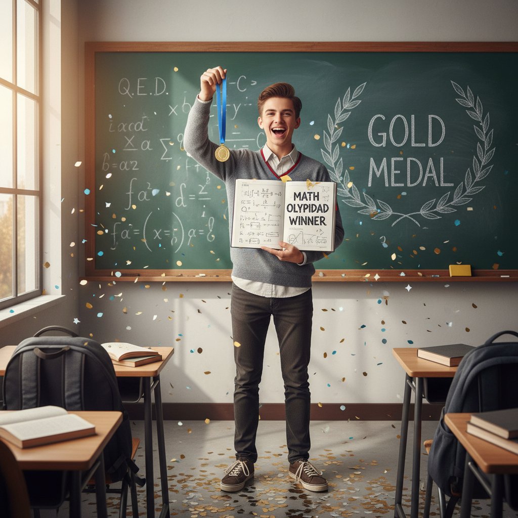 Młoda osoba z medalem na szyi, uśmiechnięta z zeszytem do matematyki na tle tablicy pełnej wzorów; symbol przemiany i sukcesu
