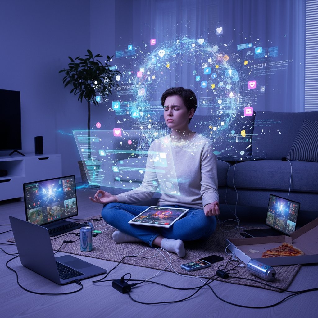 Młoda osoba próbująca medytacji w domowym zaciszu, widoczne rozproszenie telefonem i laptopem – symbol cyfrowego chaosu