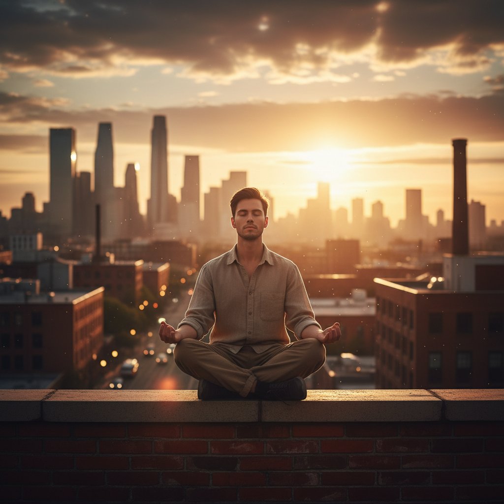 Młoda osoba medytująca na tle miejskiego pejzażu, skupienie, spokój, zachód słońca – symbol odporności psychicznej