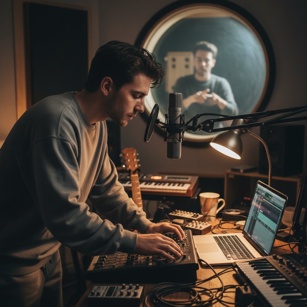 Młoda osoba przy mikrofonie, intensywnie pracująca nad swoim brzmieniem – symbol autentyczności i wytrwałości w nagrywaniu online