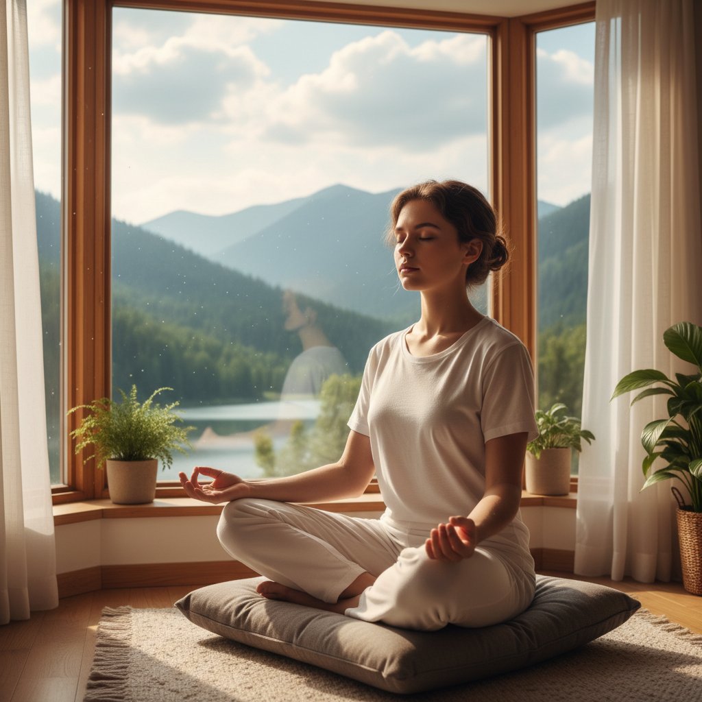 Osoba praktykująca uważny oddech po kłótni, relaksacyjny nastrój