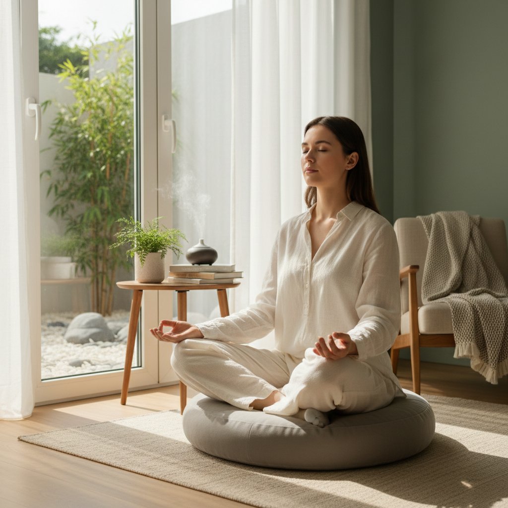 Młoda osoba medytująca w spokojnym wnętrzu, symbol terapii mindfulness jako nowoczesnej metody walki z lękiem