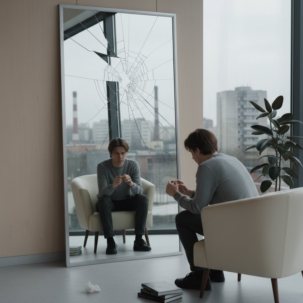 Młoda osoba w minimalistycznym gabinecie terapeuty, wyczuwalne napięcie, symboliczny notatnik i pęknięte lustro. Zdjęcie ilustruje psychoterapię i rozwój osobisty w Polsce.