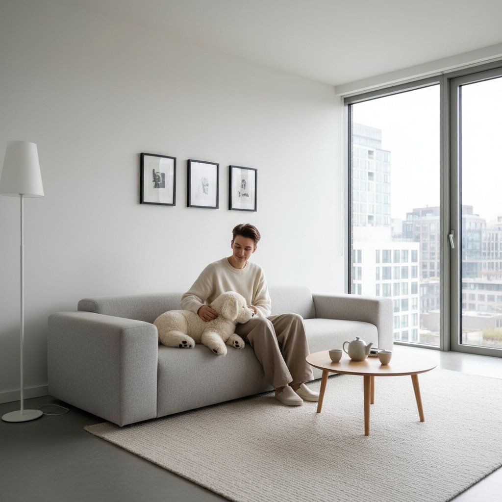 Młoda osoba siedząca na podłodze w nowoczesnym mieszkaniu z pluszowym pieskiem, symbolizującym alternatywę dla prawdziwego psa