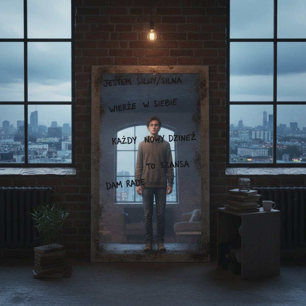 Młoda osoba powtarzająca afirmacje do swojego odbicia w oknie o świcie, tło to polskie miasto, klimat nadziei i walki ze słabościami