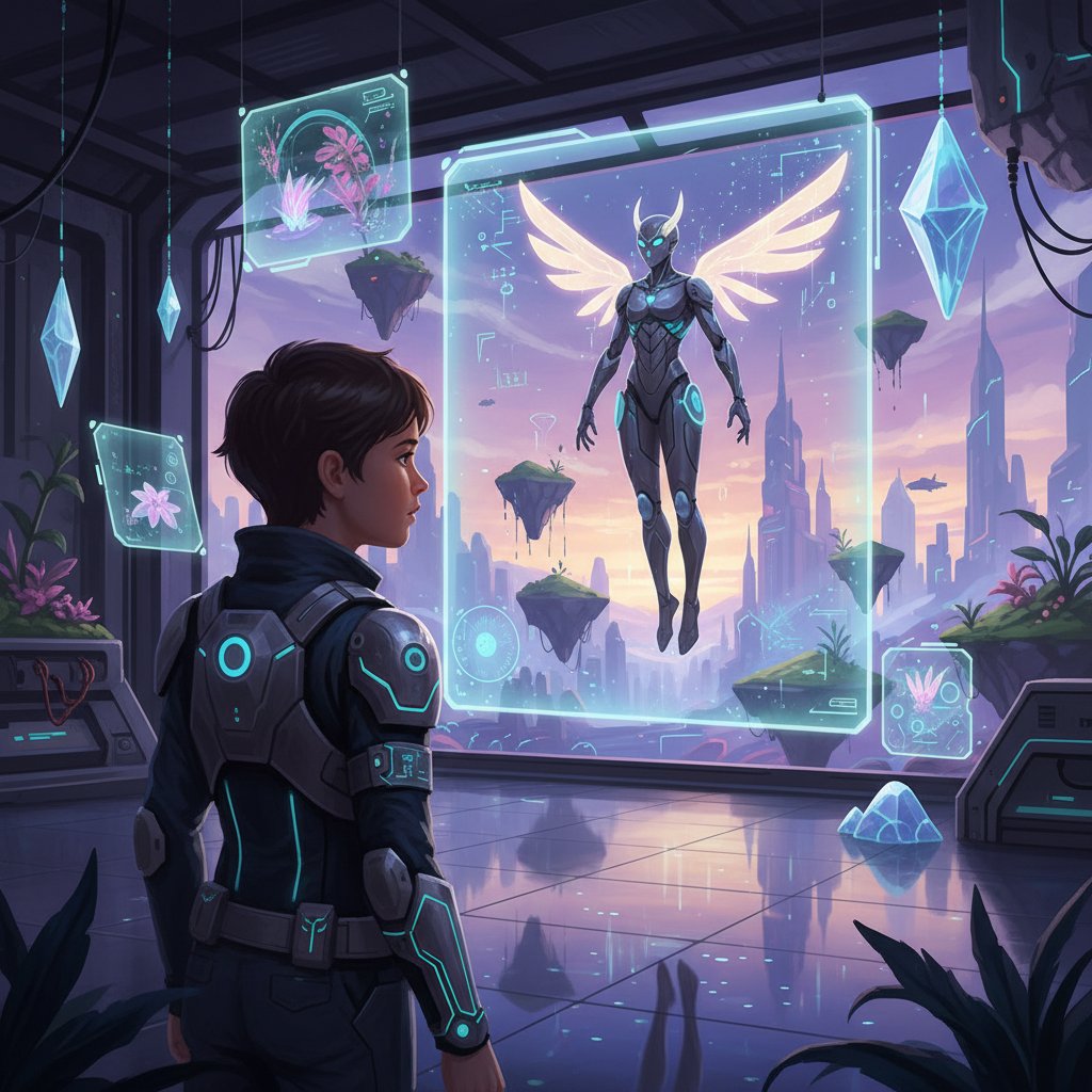 Młoda osoba patrząca na siebie w lustrze, w tle ekran z cyfrowym, malarskim avatarem – wizja rozwoju autoprezentacji cyfrowej