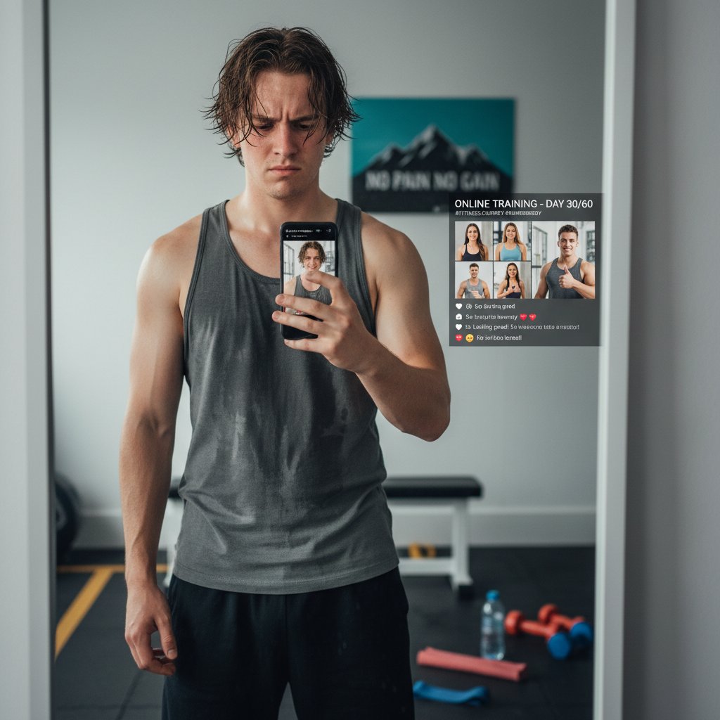 Młoda osoba patrząca krytycznie w lustro po treningu online, wyraźna emocja, presja społeczna