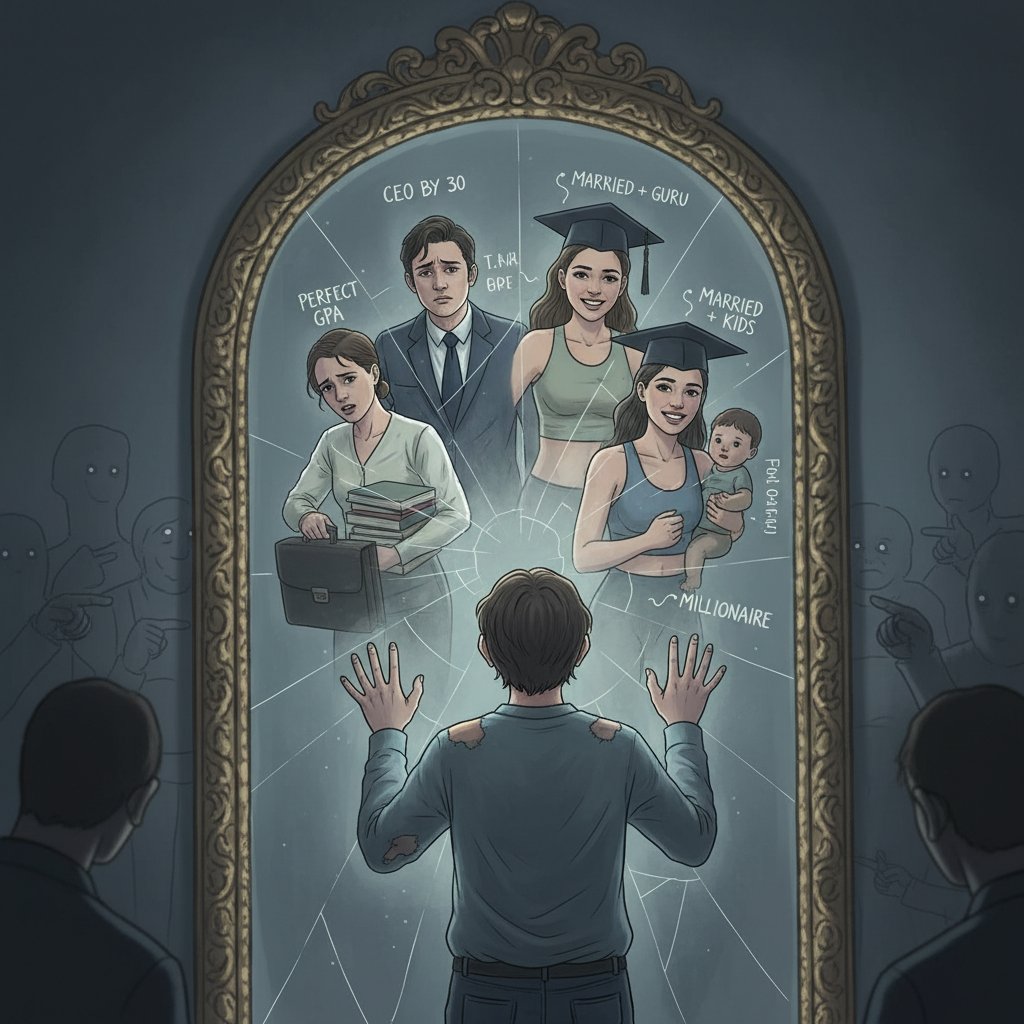 Młoda osoba patrzy w lustro, kontrast między własnym odbiciem a społecznymi oczekiwaniami, presja sukcesu w tle