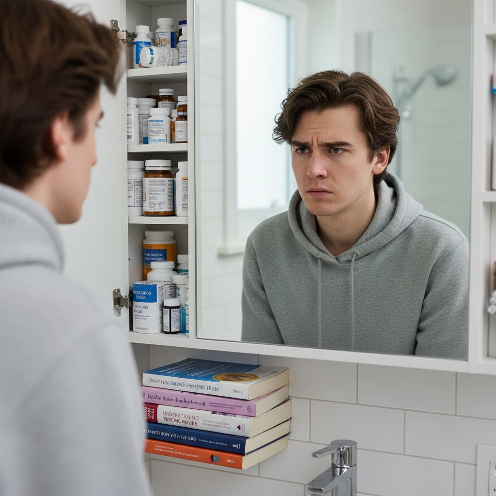 Młoda osoba patrząca nieufnie w lustro, zmartwienie na twarzy, w tle apteczka i książki zdrowotne
