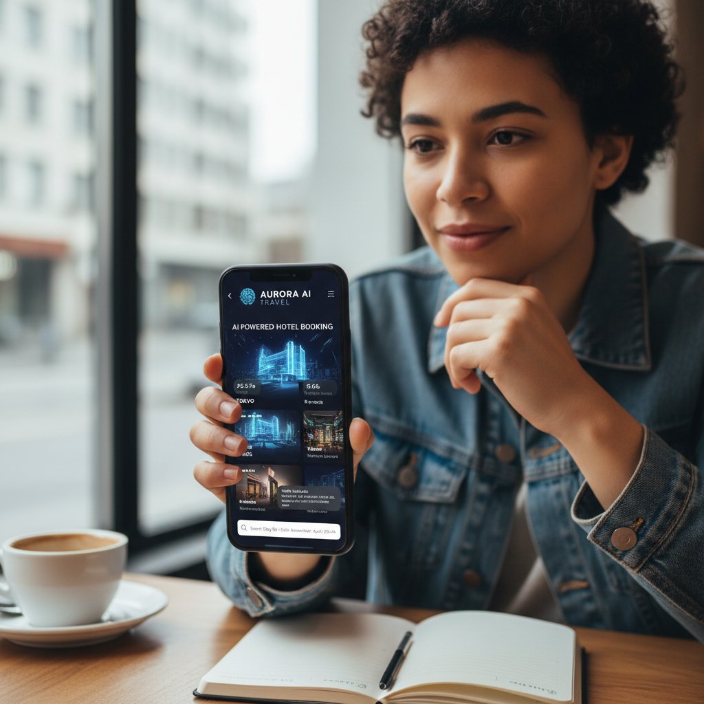 Młoda osoba korzystająca z aplikacji mobilnej do rezerwacji noclegów z AI