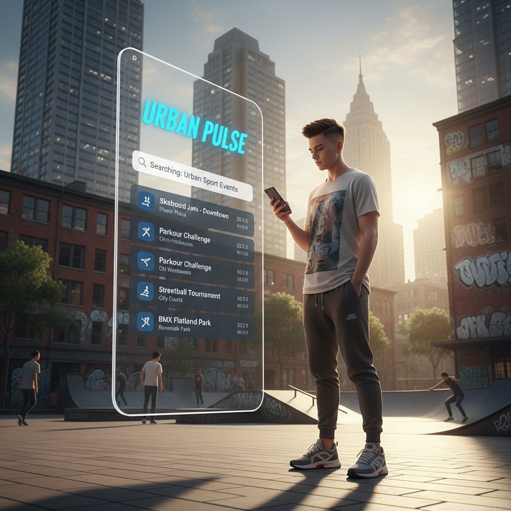 Młody człowiek używa aplikacji mobilnej do wyszukiwania sportowych wydarzeń w mieście